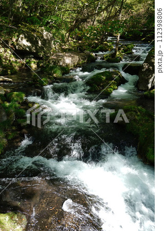山奥の渓流風景:みずみずしい緑と清らかな水の流れ 山奥の渓流風景:みずみずしい緑と清らかな水の流れ 112398806