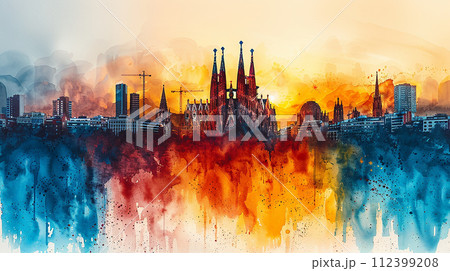 Watercolor touristic postcard of  la Sagrada Familia 112399208