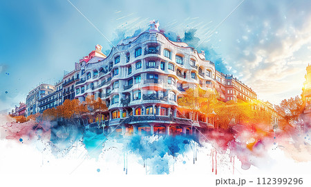 Watercolor touristic postcard of  Casa Mila 112399296