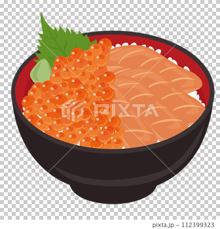 【ベクター】新鮮なサーモンと輝くいくらが贅沢に乗った鮭親子丼のイラスト（単品） 112399323