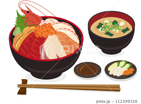 【ベクター】豪華海鮮丼とみそ汁・醤油・お箸の贅沢な和食ランチイラストセット(白バック) 【ベクター】豪華海鮮丼とみそ汁・醤油・お箸の贅沢な和食ランチイラストセット(白バック) 112399326