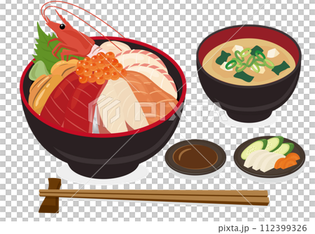 【ベクター】豪華海鮮丼とみそ汁・醤油・お箸の贅沢な和食ランチイラストセット(白バック) 【ベクター】豪華海鮮丼とみそ汁・醤油・お箸の贅沢な和食ランチイラストセット(白バック) 112399326