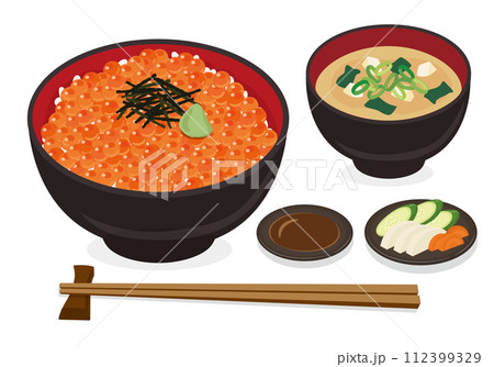 【ベクター】高級いくら丼とみそ汁・醤油・お箸のイラストセット(白バック) 【ベクター】高級いくら丼とみそ汁・醤油・お箸のイラストセット(白バック) 112399329