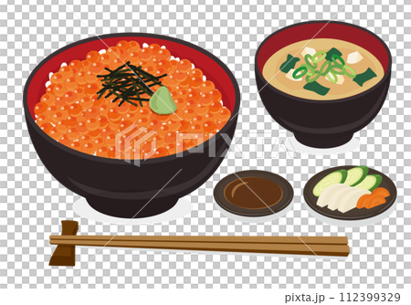【ベクター】高級いくら丼とみそ汁・醤油・お箸のイラストセット(白バック) 【ベクター】高級いくら丼とみそ汁・醤油・お箸のイラストセット(白バック) 112399329