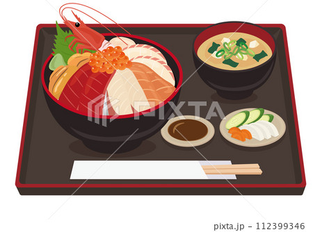 【ベクター】お盆に乗った贅沢な海の幸・豪華海鮮丼定食のイラスト(みそ汁付き) 【ベクター】お盆に乗った贅沢な海の幸・豪華海鮮丼定食のイラスト(みそ汁付き) 112399346