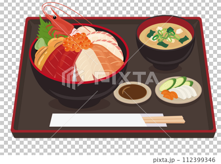 【ベクター】お盆に乗った贅沢な海の幸・豪華海鮮丼定食のイラスト(みそ汁付き) 【ベクター】お盆に乗った贅沢な海の幸・豪華海鮮丼定食のイラスト(みそ汁付き) 112399346