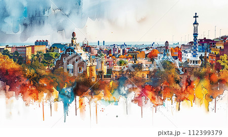 Watercolor touristic postcard of  Park Guell in Barcelona 112399379