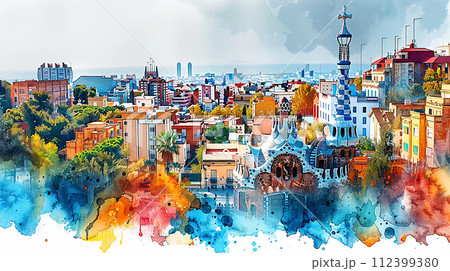 Watercolor touristic postcard of Park Guell in Barcelona Watercolor touristic postcard of Park Guell in Barcelona 112399380