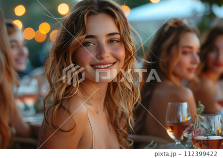 Beautiful women smiling at dinner and wine party in the garden along with other women with a blurry background wear simple and elegant clothes. Enjoy fun conversations and share memorable experiences. Beautiful women smiling at dinner and wine party in the garden along with other women with a blurry background wear simple and elegant clothes. Enjoy fun conversations and share memorable experiences. 112399422