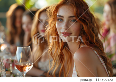 Beautiful women smiling at dinner and wine party in the garden along with other women with a blurry background wear simple and elegant clothes. Enjoy fun conversations and share memorable experiences. 112399428