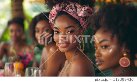 Beautiful women smiling at dinner and wine party in the garden along with other women with a blurry background wear simple and elegant clothes. Enjoy fun conversations and share memorable experiences. 112399436