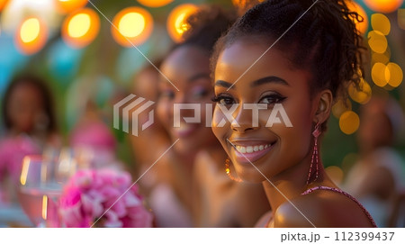 Beautiful women smiling at dinner and wine party in the garden along with other women with a blurry background wear simple and elegant clothes. Enjoy fun conversations and share memorable experiences. 112399437
