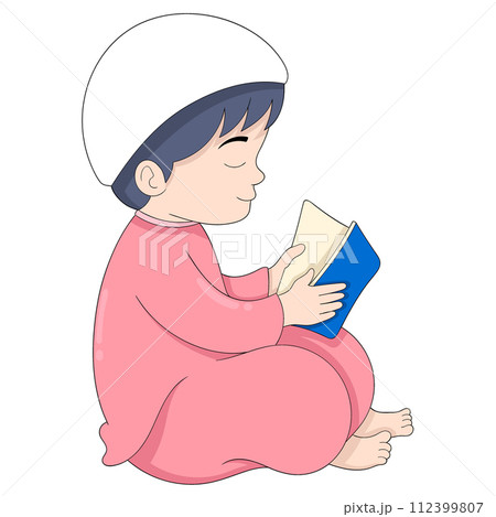 cartoon doodle illustration of religion, Muslim boy sitting in prayer, reading the holy book cartoon doodle illustration of religion, Muslim boy sitting in prayer, reading the holy book 112399807
