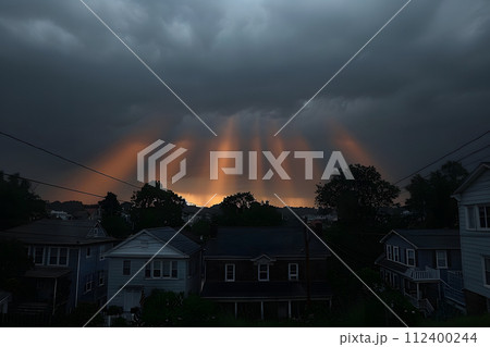 Sun Shining Through Clouds Over Houses Generative AI Sun Shining Through Clouds Over Houses Generative AI 112400244