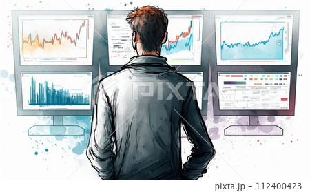 モニターに表示された株価チャートと注文画面を見つめる男性トレーダーの後ろ姿。