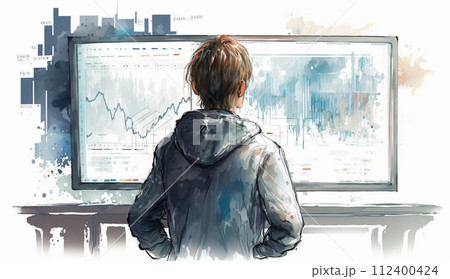 モニターに表示された株価チャートと注文画面を見つめる男性トレーダーの後ろ姿。