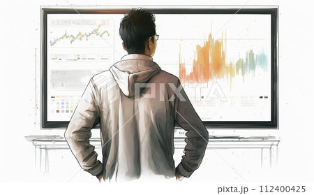 モニターに表示された株価チャートと注文画面を見つめる男性トレーダーの後ろ姿。