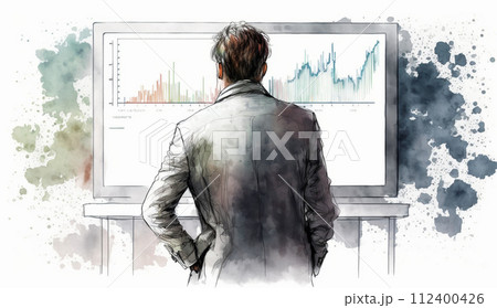 モニターに表示された株価チャートと注文画面を見つめる男性トレーダーの後ろ姿。