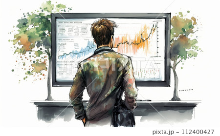 モニターに表示された株価チャートと注文画面を見つめる男性トレーダーの後ろ姿。