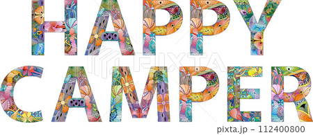HAPPY CAMPER. Colorful vector word isolated on a white background HAPPY CAMPER. Colorful vector word isolated on a white background 112400800