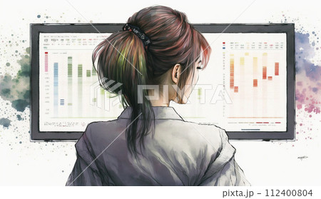 モニターに表示された株価チャートと注文画面を見つめる女性トレーダーの後ろ姿。