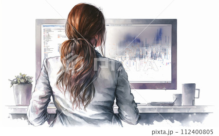 モニターに表示された株価チャートと注文画面を見つめる女性トレーダーの後ろ姿。