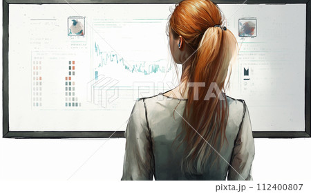 モニターに表示された株価チャートと注文画面を見つめる女性トレーダーの後ろ姿。