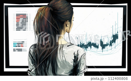 モニターに表示された株価チャートと注文画面を見つめる女性トレーダーの後ろ姿。