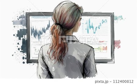 モニターに表示された株価チャートと注文画面を見つめる女性トレーダーの後ろ姿。