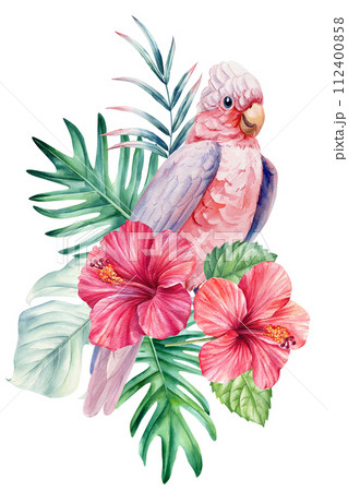 Summer Bird, pink flowers, palm leaves isolated background. Watercolor Watercolor hand-painted, summer clipart. Cockatoo 112400858
