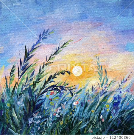 Sunrise landscape, morning field with grass oil painting on canvas morning landscape, hand drawing bright colors sunset Sunrise landscape, morning field with grass oil painting on canvas morning landscape, hand drawing bright colors sunset 112400866