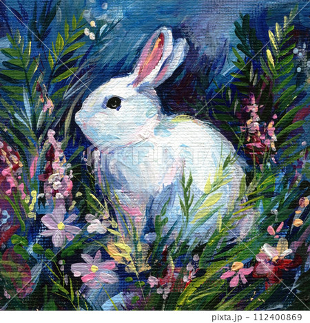 Bunny and field with grass, flowers. Oil painting on canvas morning landscape, hand drawing bright colors sunset Bunny and field with grass, flowers. Oil painting on canvas morning landscape, hand drawing bright colors sunset 112400869