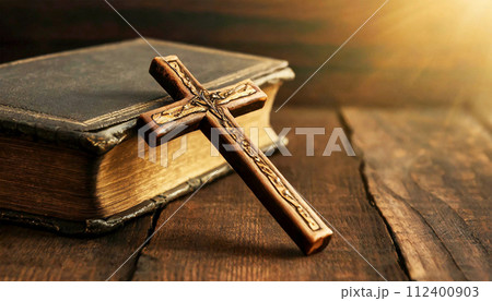 Closeup of a Wooden Religious Cross Above an Old Holy Bible - Generative Ai 112400903