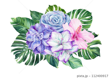 Tropical palm leaves and flowers, succulent, rhododendron and hibiscus. Green leaves painted watercolor, botanical plant Tropical palm leaves and flowers, succulent, rhododendron and hibiscus. Green leaves painted watercolor, botanical plant 112400917