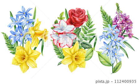 Bouquet flowers set. Watercolor Botanical painting. Hand drawn colorful spring Wildflower illustration. Flora clipart 112400935