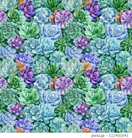 Watercolor succulents seamless pattern. Texture with tropical green plant. Hand painted vintage spring garden background 112401041