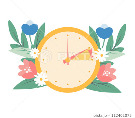 Spring forward concept in flat style, change clock forward one hour, Daylight Saving Time web vector reminder banner. Clocks with arrow hand turning forward an hour. Minimalist aesthetic web banner. 112401073