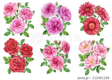 Watercolor rose flower bouquet for valentines day, Pink flowers, bud and green leaves isolated. Floral greeting card 112401109