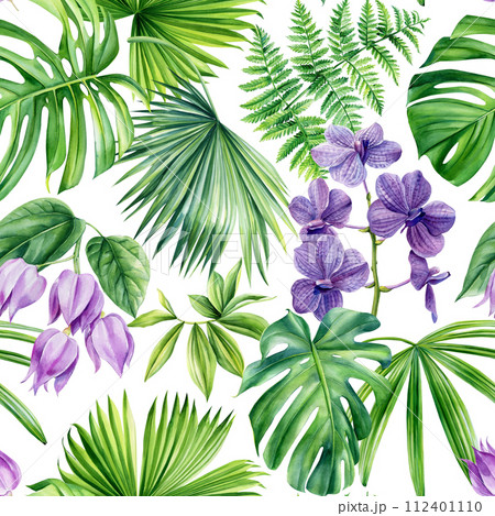 Tropical seamless pattern. Violet orchid flower exotic palm tree. Summer floral watercolor illustration. Creative tropic 112401110