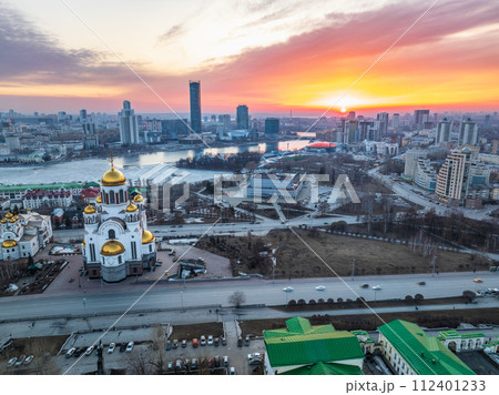 Spring Yekaterinburg, Temple on Blood and Church of St Nicholas in sunset. Aerial view of Yekaterinburg, Russia. Translation of text on the temple 112401233