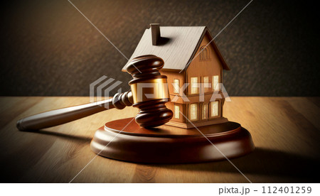 Gavel and Small Model House on a Wooden Table - Generative Ai Gavel and Small Model House on a Wooden Table - Generative Ai 112401259