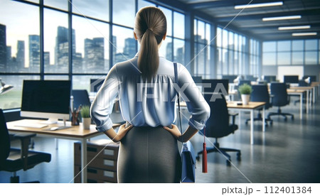 オフィスで働く女性の後ろ姿 112401384