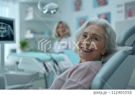 AI-generated content. Elderly woman with a radiant smile receiving personalized professional care in a modern medical office equipped with advanced technology AI-generated content. Elderly woman with a radiant smile receiving personalized professional care in a modern medical office equipped with advanced technology 112401558