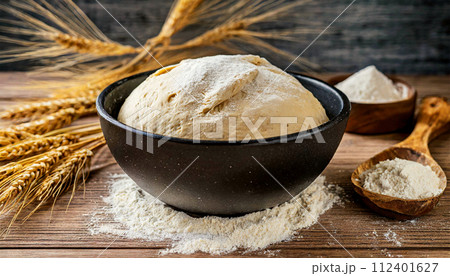 Artisan Leavened Dough in a Bowl on a Wooden Table - Generative Ai 112401627