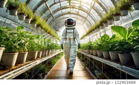 Farmer Astronaut in a Greenhouse Full of Small Green Plants - Generative Ai 112401689