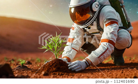 Farmer Astronaut Planting a Small Green Plant on the Planet Mars - Generative Ai 112401690