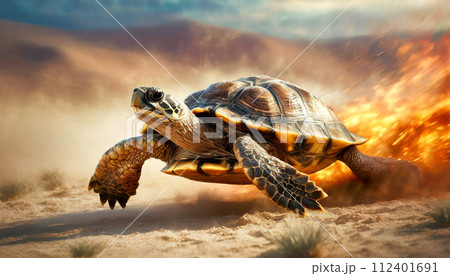 Fast Turtle Running at Full Speed in the Desert with Flames- Generative Ai 112401691