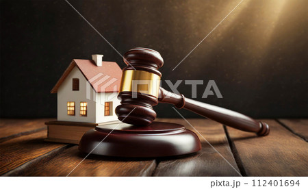 Gavel and Small Model House on a Wooden Table - Generative Ai 112401694