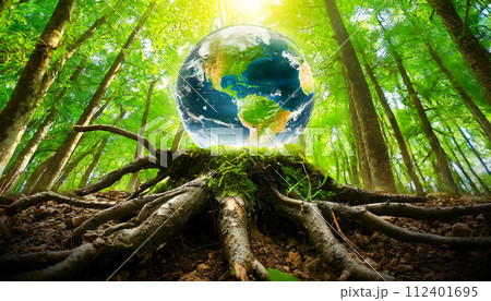 Glass Earth Globe Above the Roots of a Tree - Generative Ai 112401695