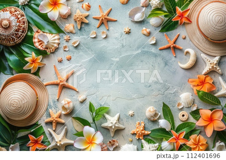 Seaside still life: shells, starfish, and hats amidst tropical flora on a textured surface 112401696